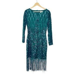 Unique Vintage Teal Sequin Fringe Mini Dress
